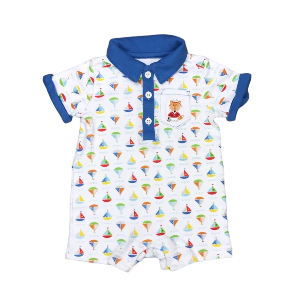 Happi By Dena Polo Romper Polo Shorts Sailboats 3-6M